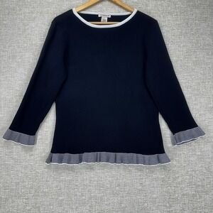 Notations Top Womens Large Black Stripe Ruffle Hem 3/4 Sleeve‎ Knit